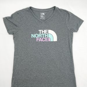 The North Face logo gray v neck tee shirt